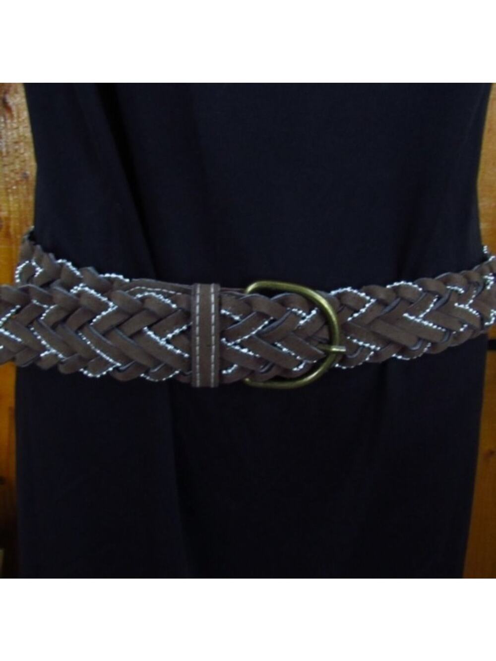 Brown Faux Suede Silver Thread Braided Waist Belt
